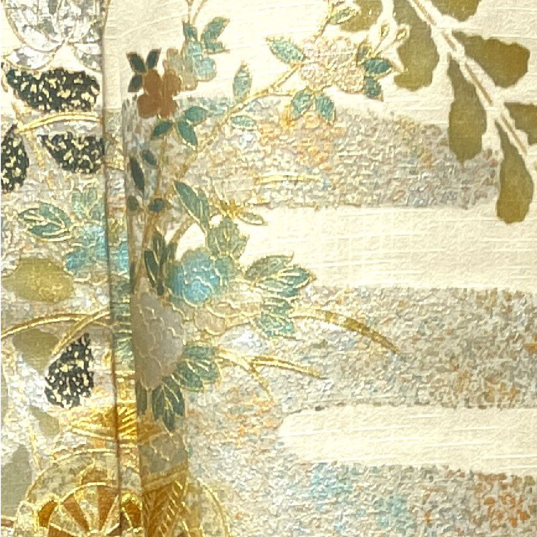 Homongi (formal kimono) made of pure silk, single layer, length 158.5cm, sleeve length 64cm, milky white, gold leaf finish, flower cart, floral pattern, S rank, cream color, 1112003292315