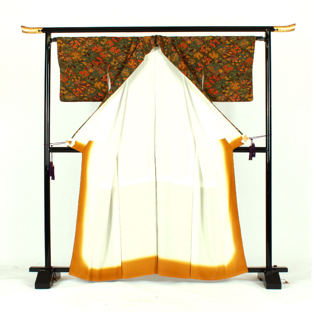 小紋 身丈162cm 裄丈67cm 袷 菱 吉祥文様 正絹 Aランク 茶系 1115001483414