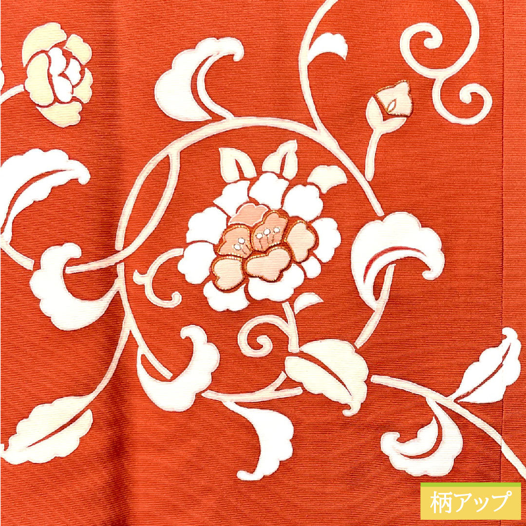 道行コート 正絹 身丈90.5cm 裄丈68cm 弁柄色 パールトーン加工 京友禅 草花模様 Sランク 袷 朱系 1117000802916