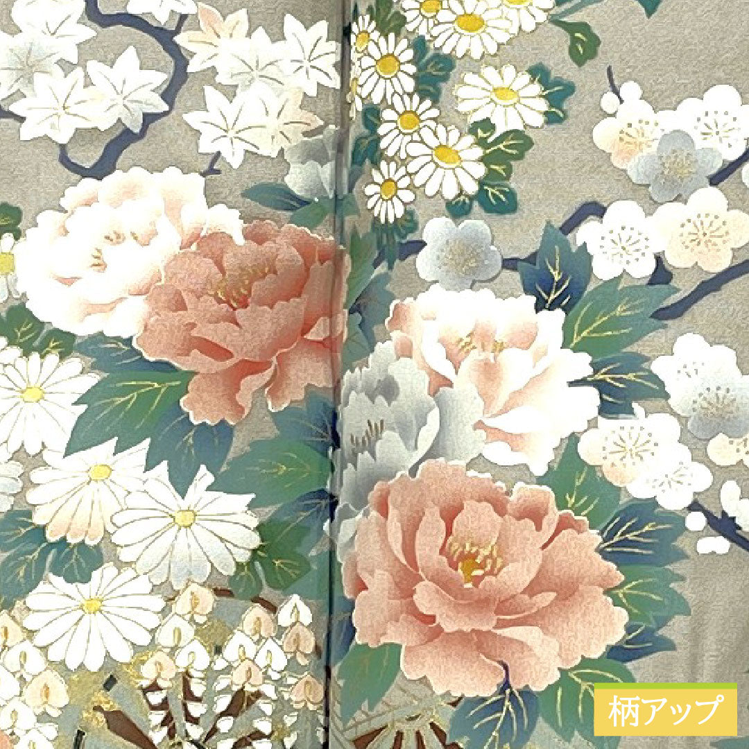 訪問着 正絹 袷 身丈165cm 裄丈66.5cm 小町鼠色(こまちねずいろ) 京友禅 花車 古典柄 しつけ糸付き 未使用品 Sランク グレー系 1112005832522