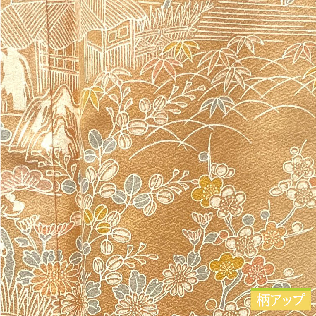 Homongi, pure silk, lined, length 164.5cm, sleeve length 66.5cm, light color, Kyo-Yuzen, floral pattern, Tango crepe, S rank, orange, 1112003502426