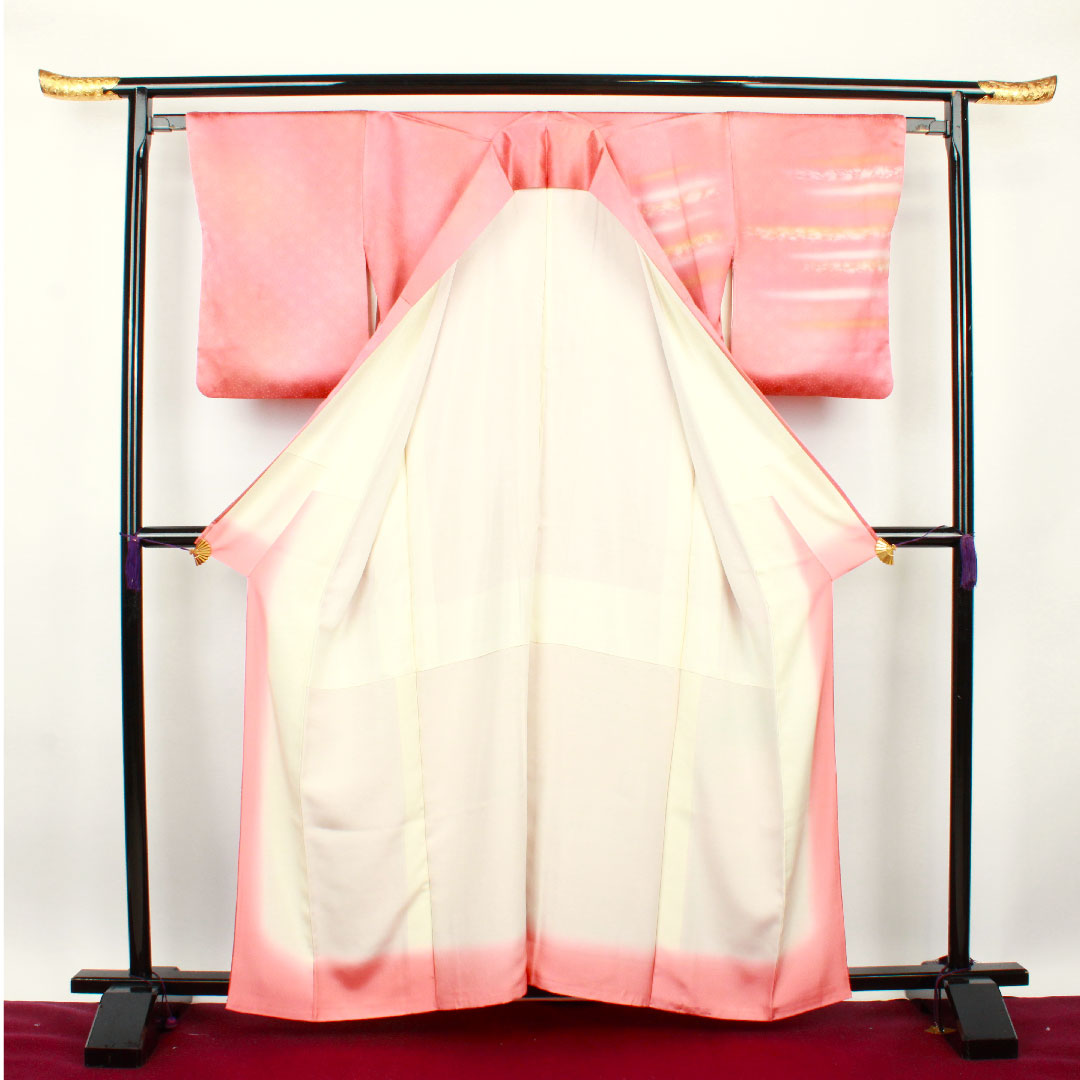 訪問着 袷 身丈161cm 裄丈63cm 中紅色 人間国宝 福田喜重 刺繍 御所車 正絹 Sランク 赤系 1112001882412