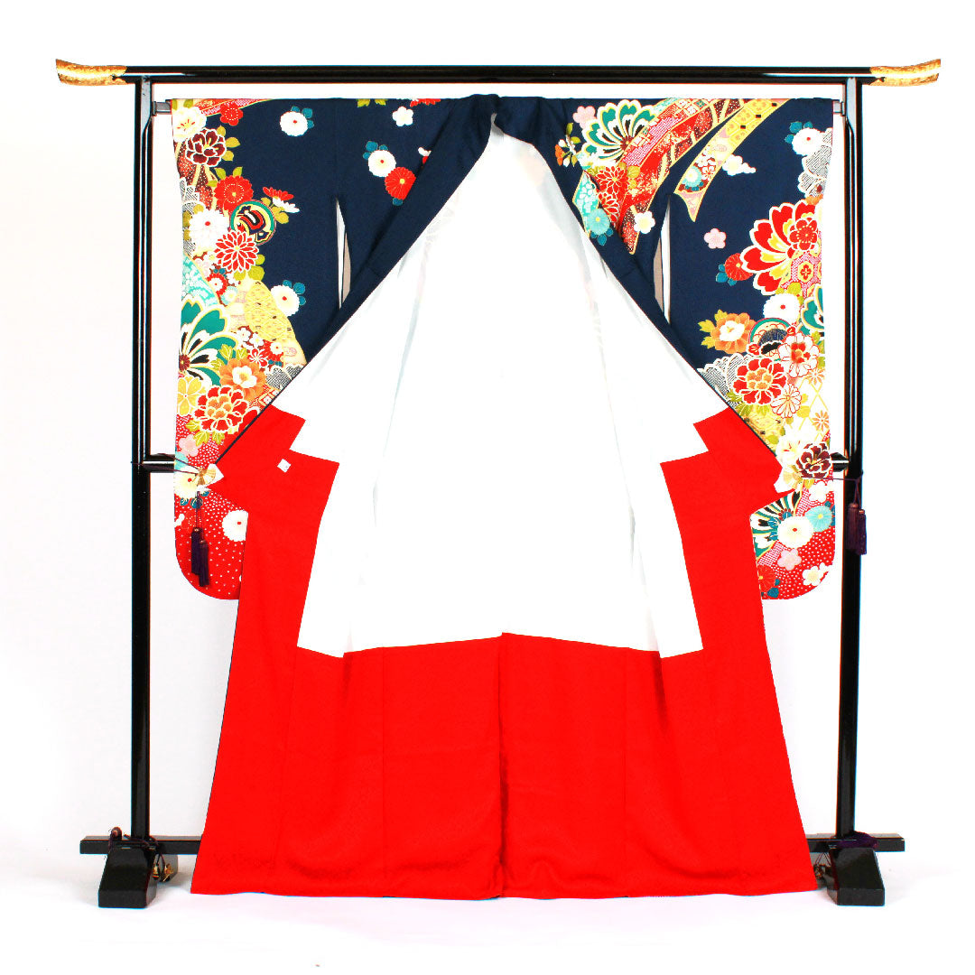 振袖 身丈170cm 裄丈68cm 袷 京友禅 熨斗に花模様 正絹 Sランク 紺系 1113000532618