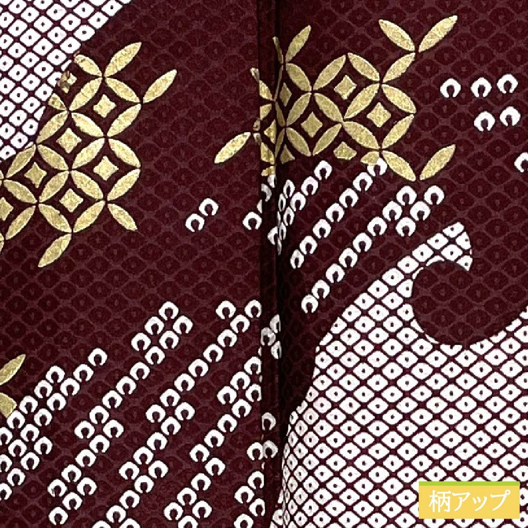 訪問着 ポリエステル Aランク 単衣 身丈162cm 裄丈66.5cm 木蘭色(もくらんじき) 波 七宝 半衿付き 洗える着物 赤系 1112006963412