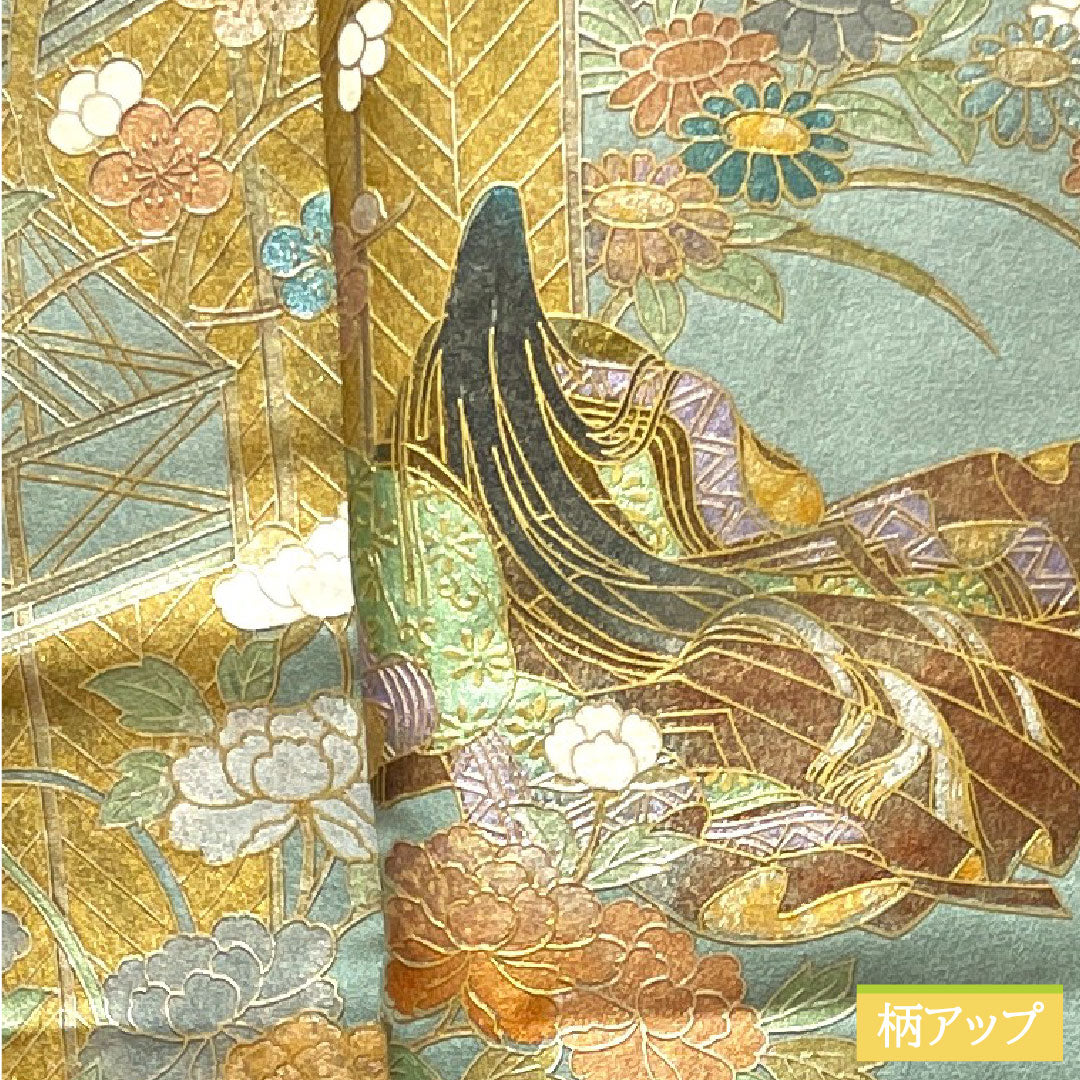 Homongi, pure silk, lined, length 156.5cm, sleeve length 64cm, light blue, gold leaf finish, auspicious motif, A rank, light blue, 1112003523324