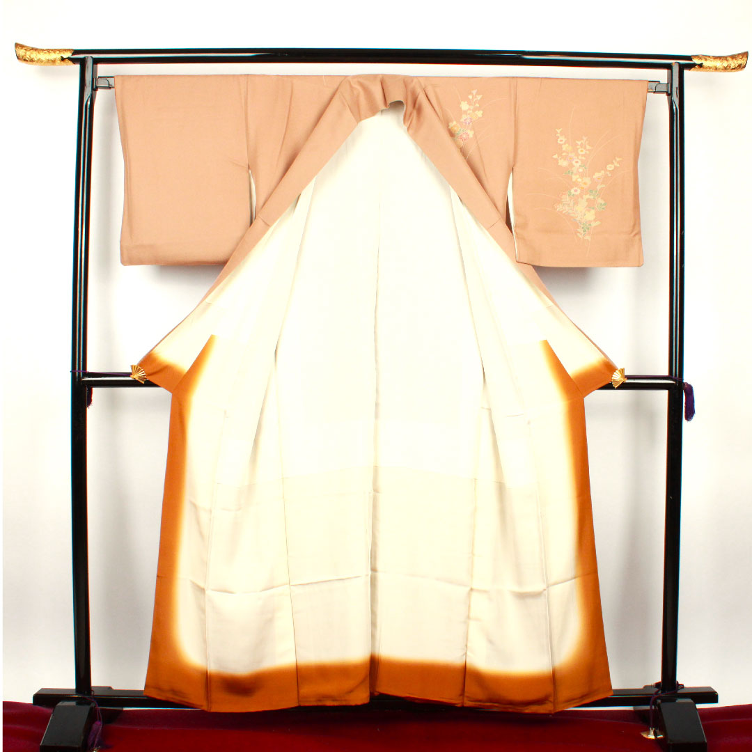 訪問着 袷 身丈159cm 裄丈64cm 柴染色 草花模様 正絹 Sランク 茶系 1112001582314