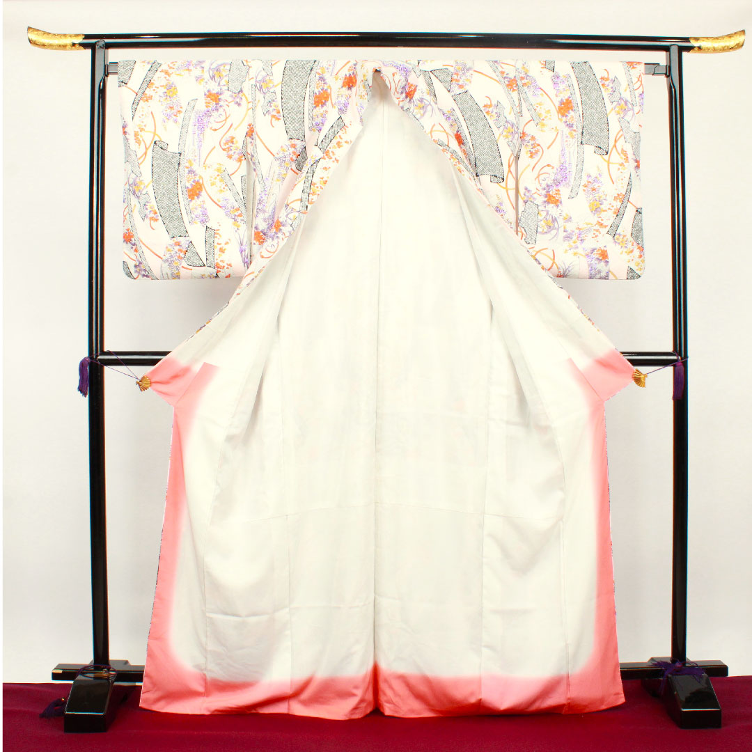 小紋 身丈170cm 裄丈65cm 袷 桜色 洗える着物 草花模様 ポリ Sランク ピンク系 1115002622613