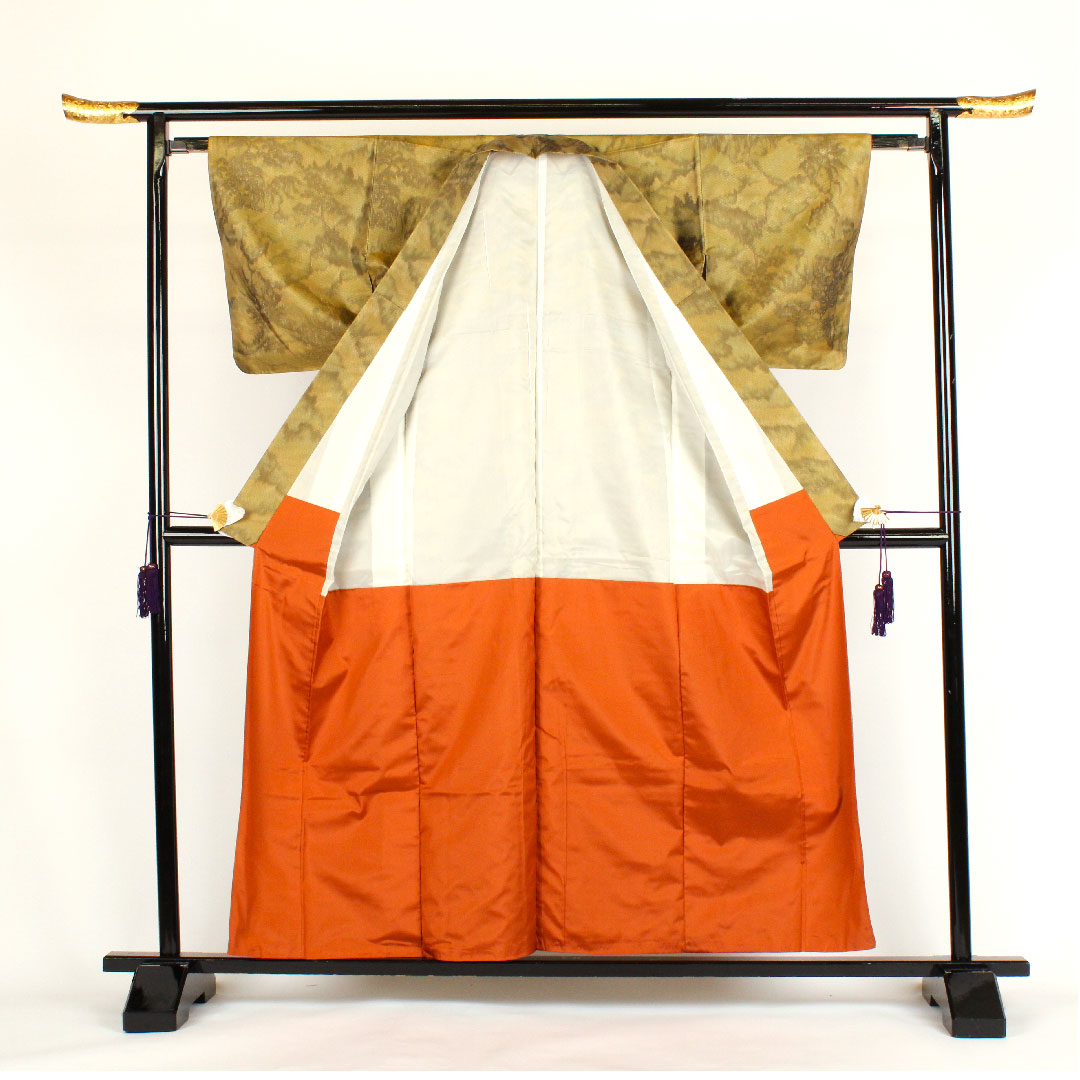 小紋 身丈159cm 裄丈64cm 袷 洗える着物 織ボカシ ポリ Sランク 黄系 1115000112323