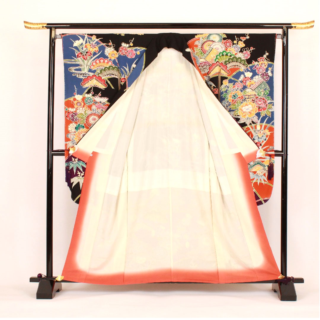 振袖 身丈160cm 裄丈68cm 袷 京紅型 松竹梅 正絹 Aランク 黒系 1113000363410