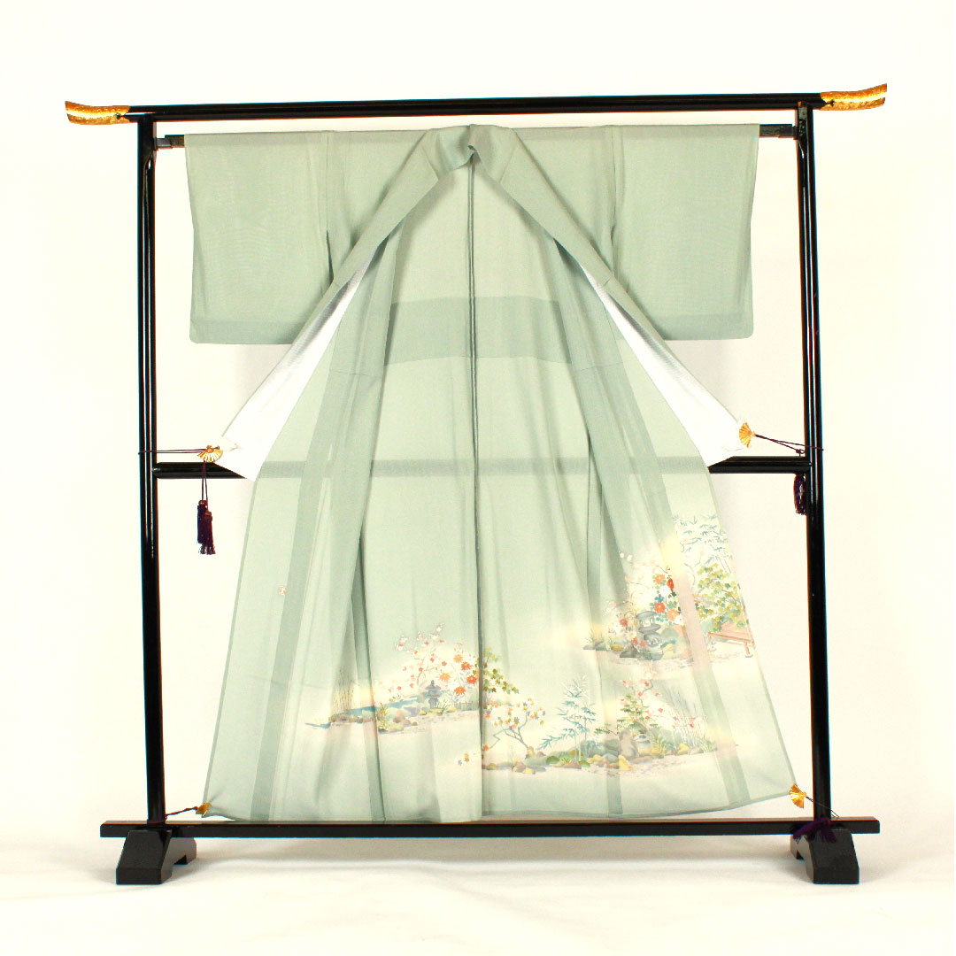 色留袖 身丈156.5cm 裄丈64cm 紗 庭園風景 作家物 正絹 Aランク 一つ紋 緑系 1111000153319