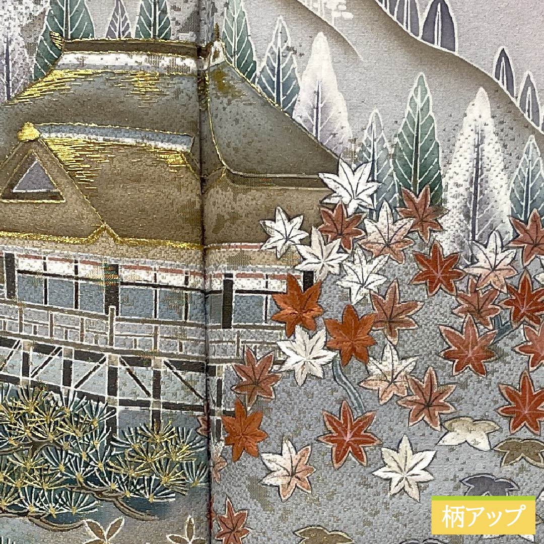 色留袖 正絹 Aランク 身丈157.5cm 裄丈62cm 袷 桜色(さくらいろ) 一つ紋 下り藤 京友禅 風景模様 作家物 しつけ糸付き 一つ紋 ピンク系 1111002003313