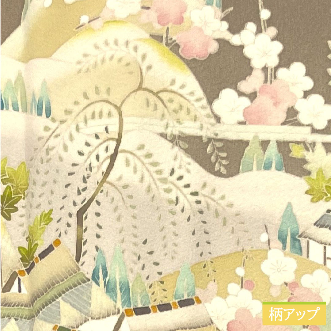 彩色留袖、纯丝、长度161厘米、袖长66厘米、衬里、壁灰色、京加贺友禅、暗襟、山水纹、三个徽章、常春藤、A级、棕色、1111001403414