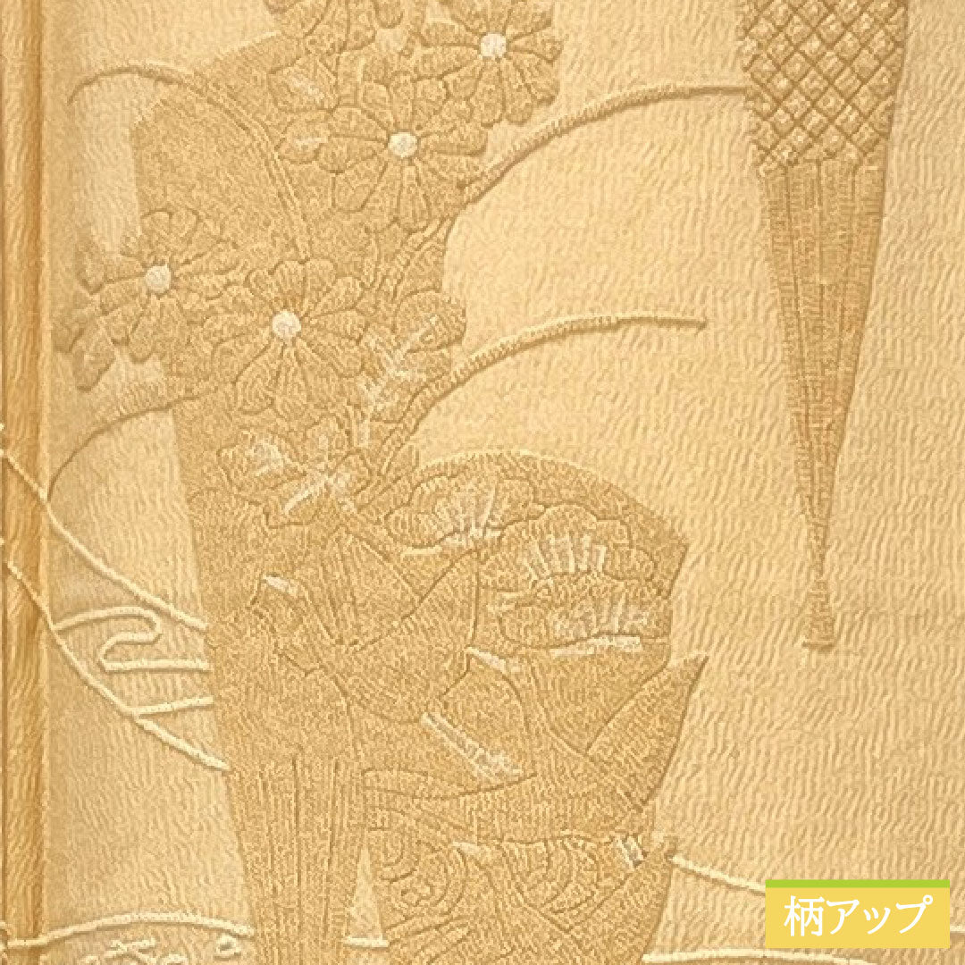 訪問着 正絹 袷 身丈161.5cm 裄丈66.5cm 肌色(はだいろ) 相良刺繡 扇子 鶴 一つ紋 上り藤に大の字 Aランク 橙系 1112005563426