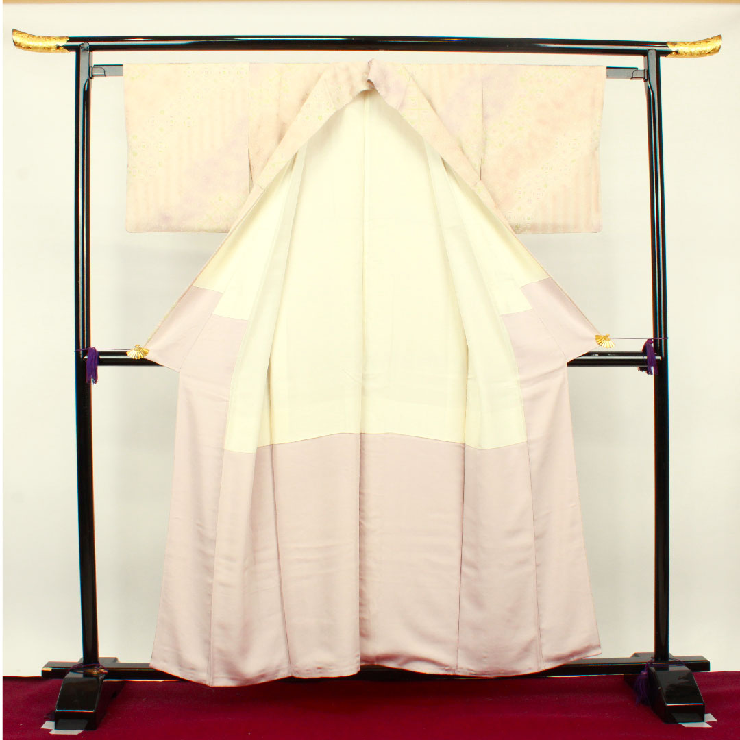 小紋 身丈157cm 裄丈61.5cm 袷 薄桜色 抽象模様 正絹 Sランク ピンク系 1115002952313