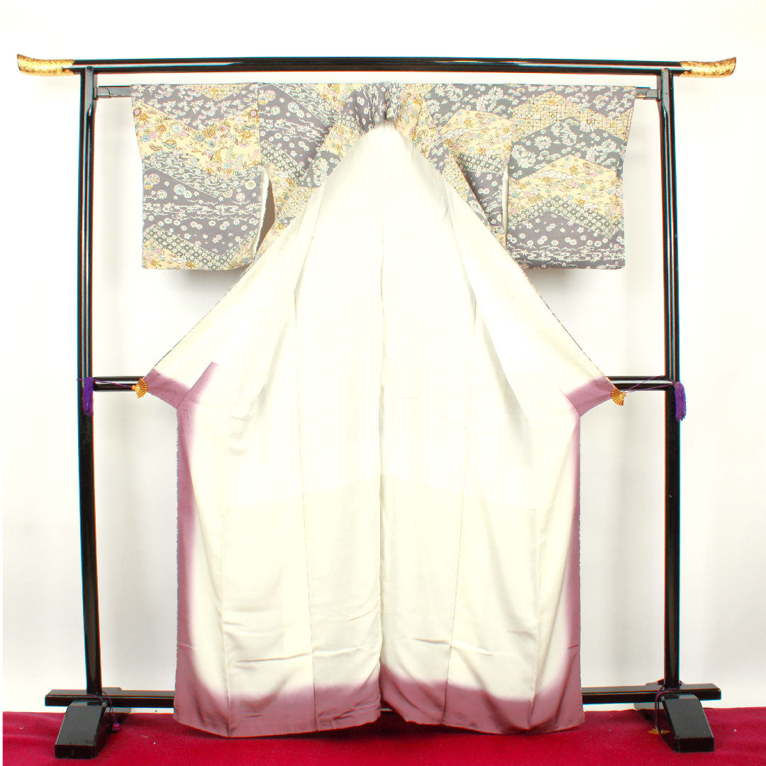 小紋 身丈160.5cm 裄丈62cm 袷 燻銀色 麴色 京紅型 正絹 Aランク グレー系 1115002453422