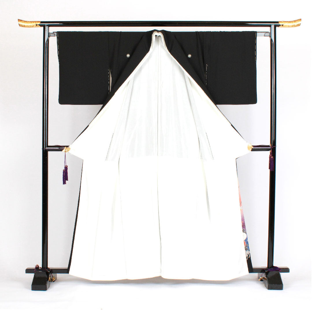 黒留袖 身丈161cm 裄丈66cm 袷 菊 萩 正絹 Sランク 五つ紋 黒系 1111000202410