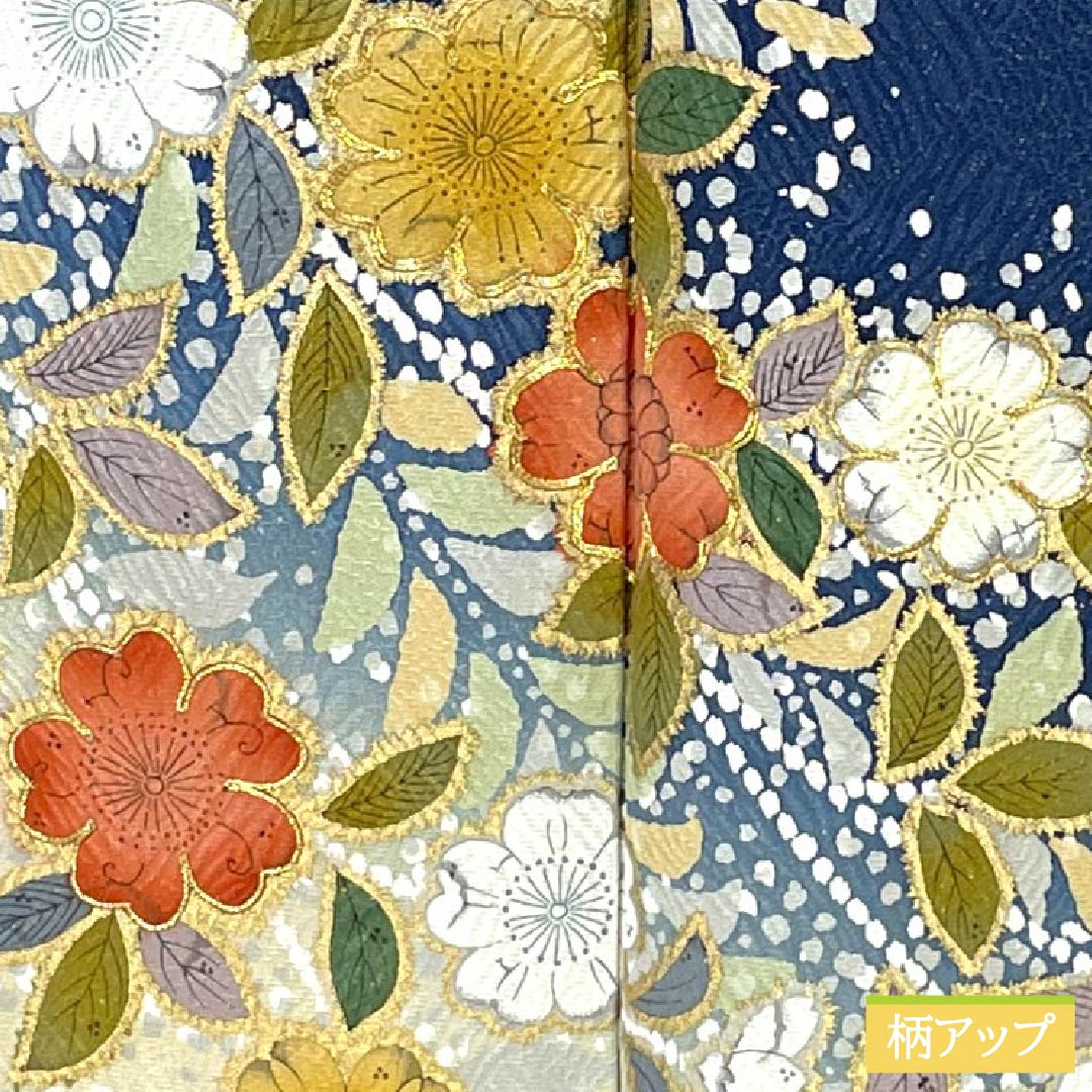 Furisode (long-sleeved kimono) made of pure silk, S rank, length 170cm, sleeve length 67cm, lined, iron grape color, Kyoto Yuzen, gold thread, Tsujigahana pattern, navy blue, product number 1113002762618