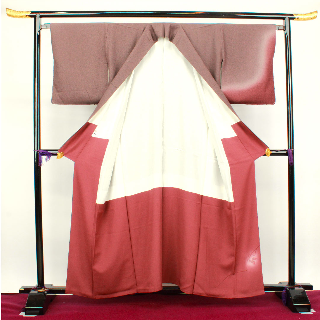 訪問着 袷 身丈158.5cm 裄丈65cm 錆臙脂色 天目染 作家物 花模様 正絹 Sランク 茶系 1112002422314