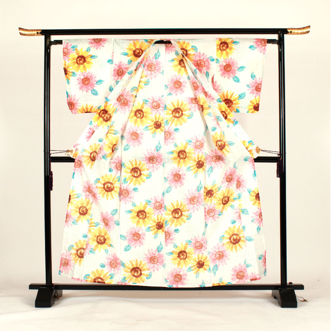 浴衣 向日葵 木綿 Sランク 単衣 身丈163cm 裄丈67cm 白系 1118000852411