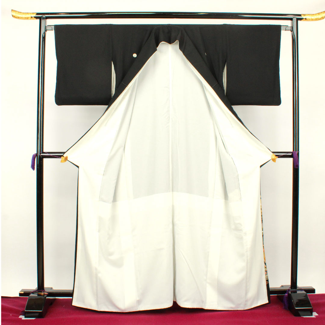黒留袖 身丈163.5cm 裄丈62.5cm 袷 京友禅 吉祥文様 丸に抱き沢瀉 正絹 Aランク 五つ紋 黒系 1111000633410