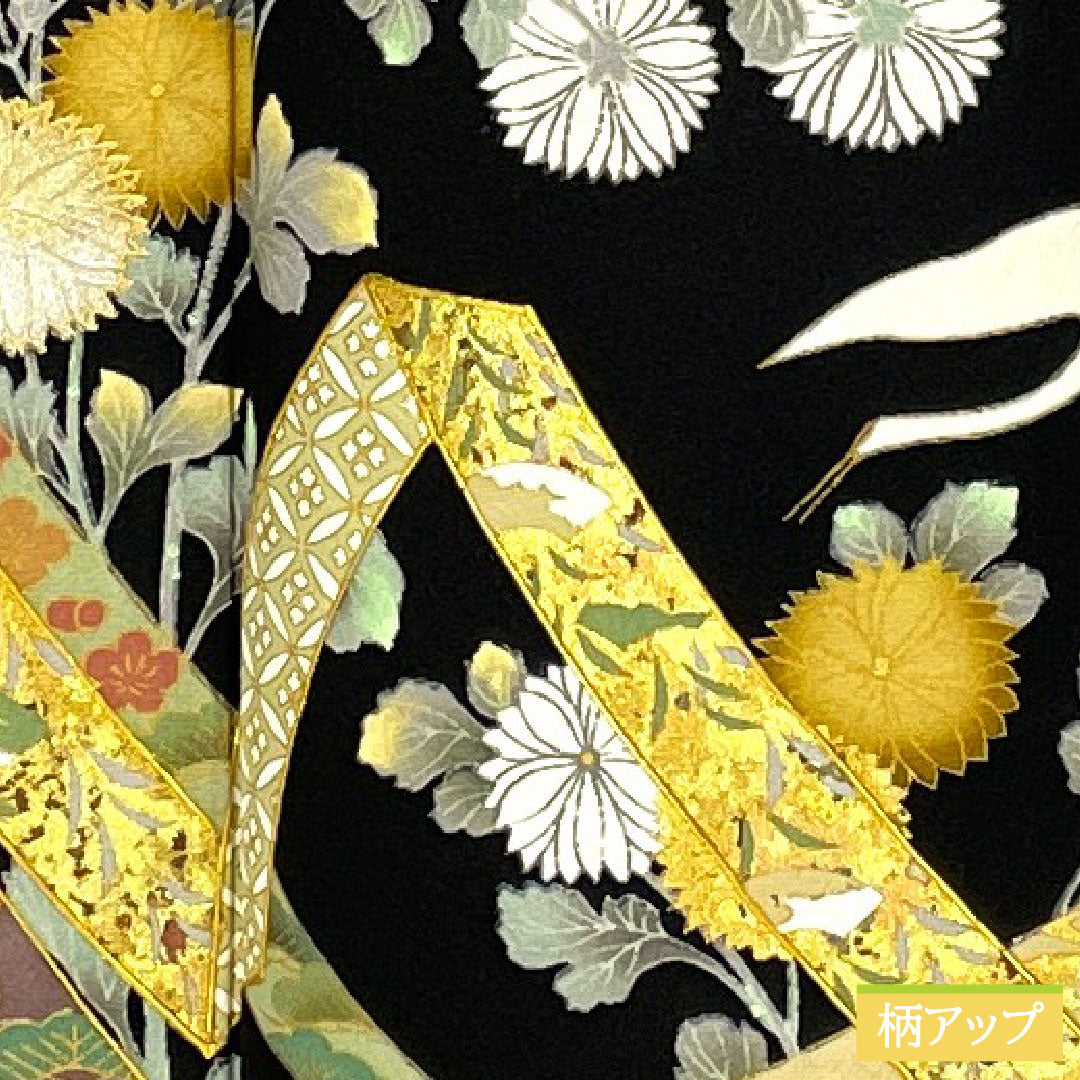 Black formal kimono, pure silk, length 160cm, sleeve length 65cm, lined, Kyoto Yuzen, noshi, crane, five crests, circle with three-tiered diamond pattern, Sanmatsu Silk Care, S rank, black, 1111001532410