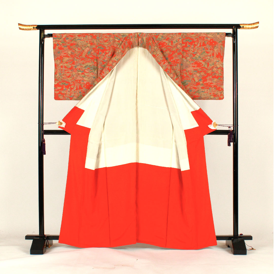 小紋 身丈163.5cm 裄丈67cm 袷 茶屋辻模様 正絹 Sランク 朱系 1115001642416