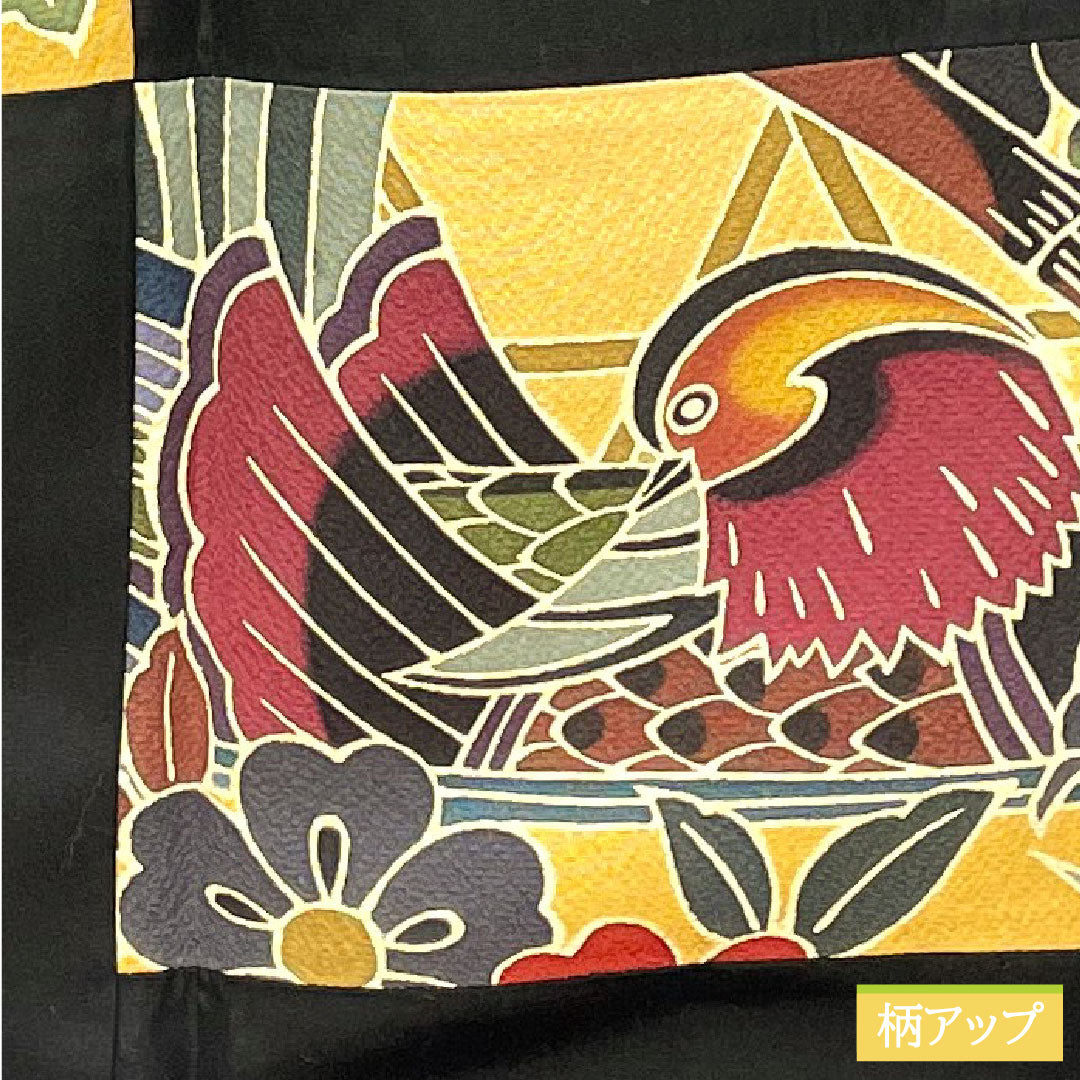Homongi, pure silk, lined, length 169.5cm, sleeve length 69cm, inlay, Kyoto Bingata, one crest, S rank, black, 1112004192510