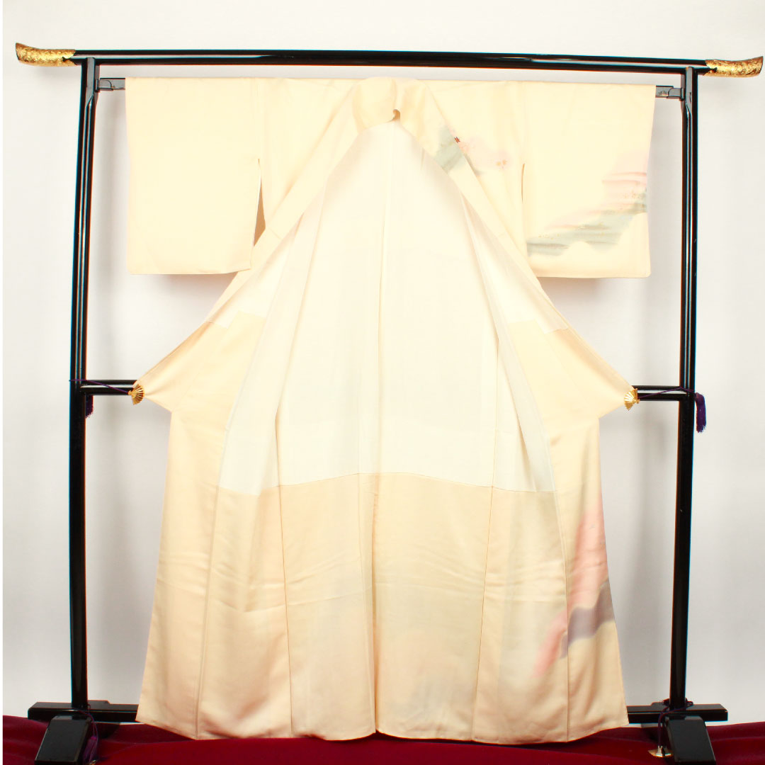 訪問着 袷 身丈162cm 裄丈64cm 肌色 京友禅 刺繡 草花模様 正絹 Bランク クリーム系 1112001614415