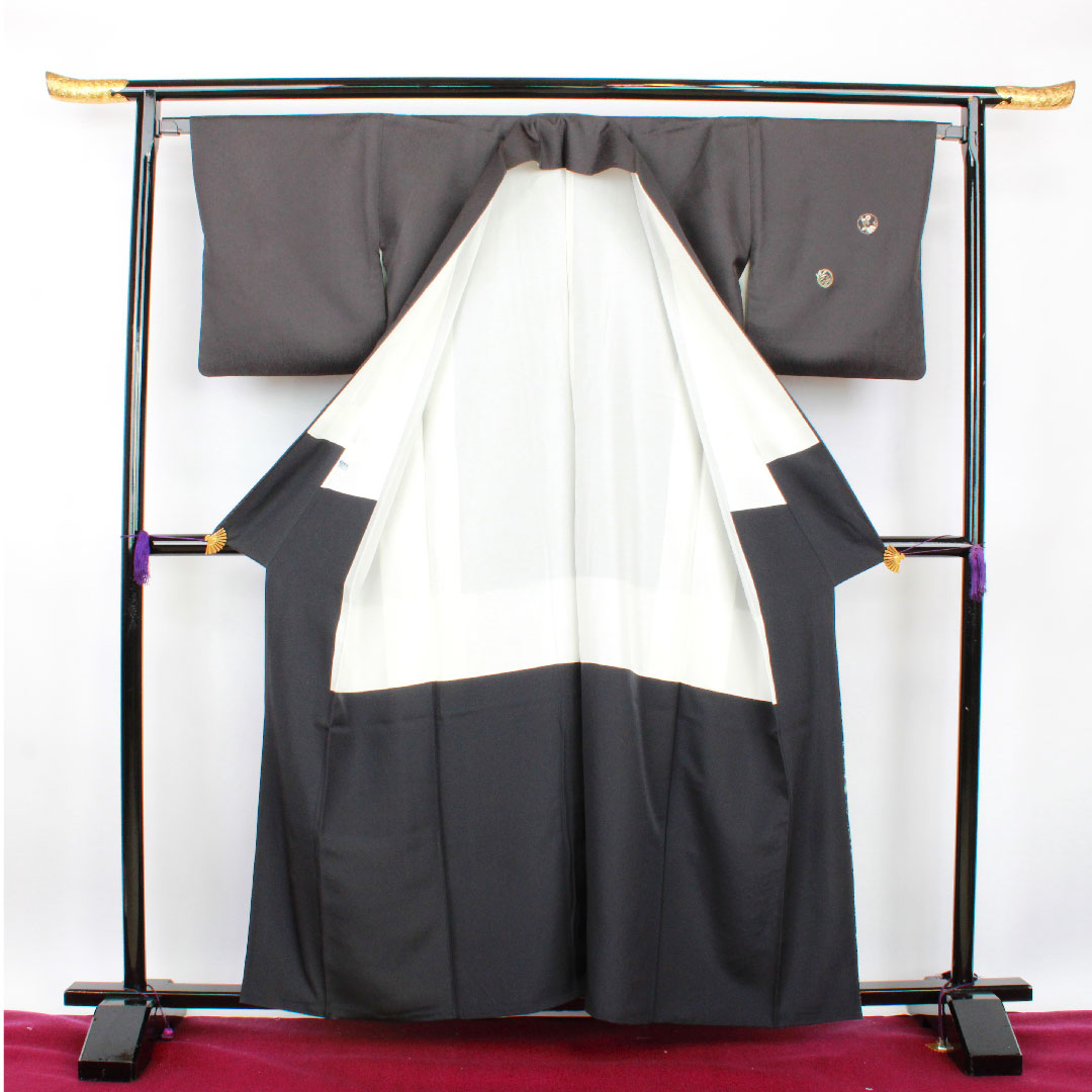 訪問着 袷 身丈160cm 裄丈65cm 汕頭刺繡 相良刺繡 草花模様 正絹 Sランク 黒系 1112001842410