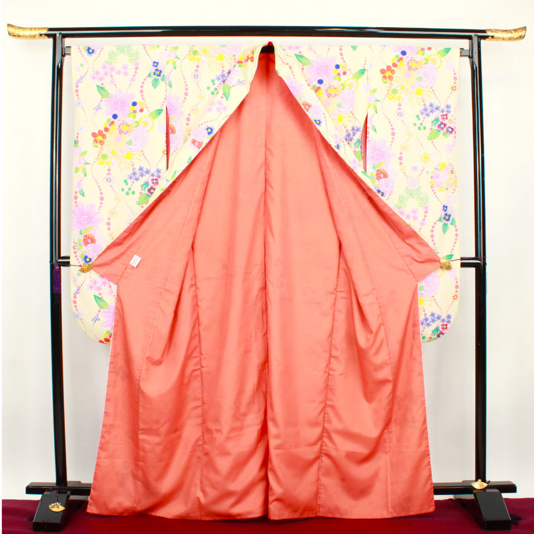 振袖 身丈166cm 裄丈68cm 袷 象牙色 洗える着物 花模様 ポリ Sランク クリーム系 1113001032515