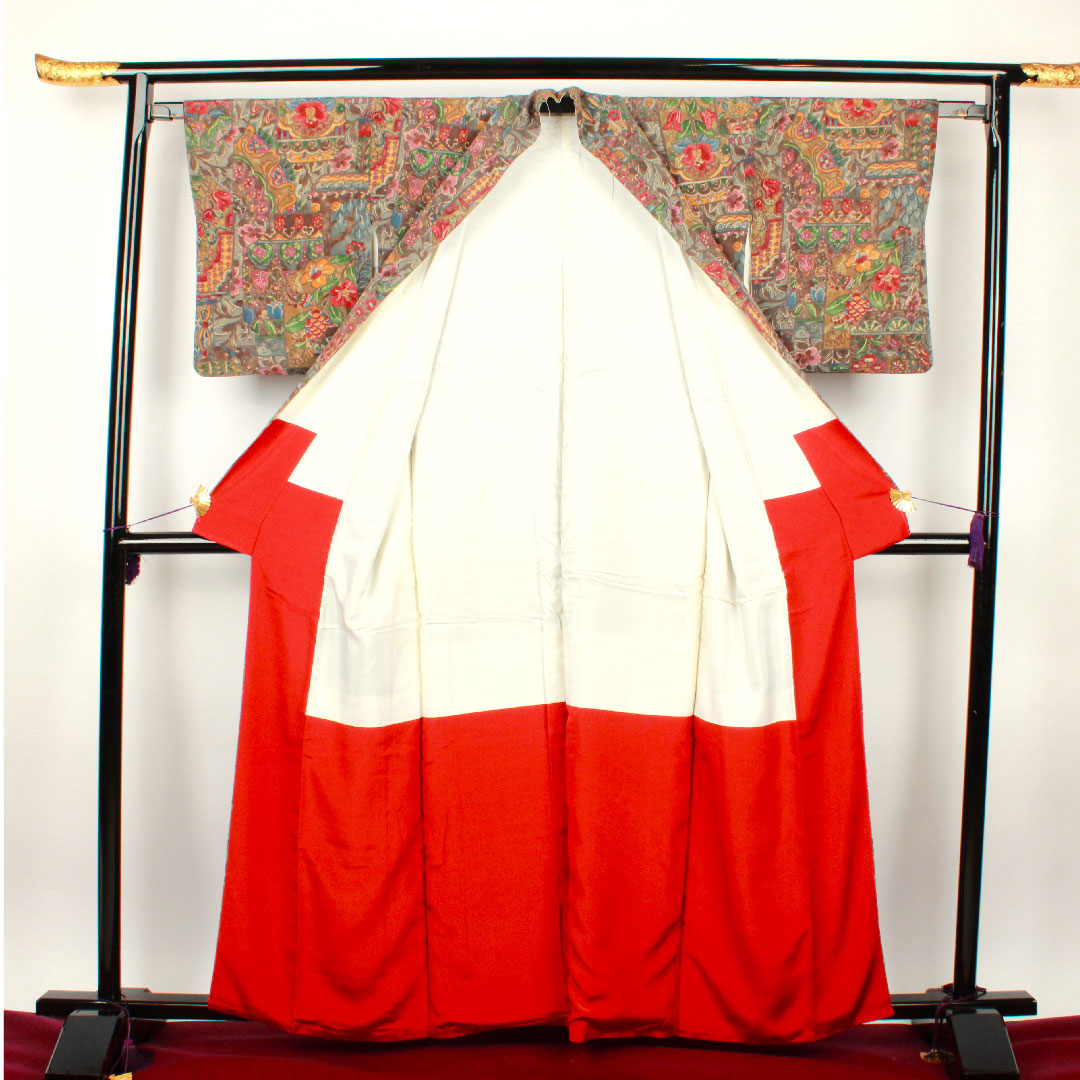 小紋 身丈160cm 裄丈62cm 袷 更紗模様 正絹 Aランク グラデ 1115002303499