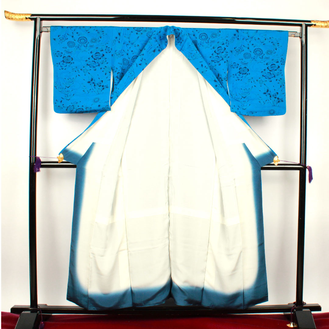 小紋 身丈155cm 裄丈64.5cm 袷 紺碧色 京紅型 草花模様 正絹 Sランク 青系 1115002182317