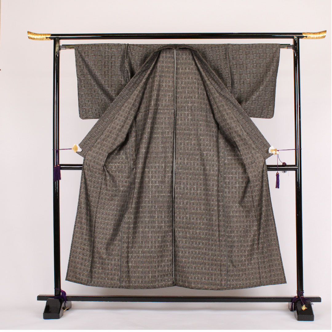 ウール 身丈154.4cm 裄丈63cm 格子柄 ウール Aランク 単衣 黒系 1116000383210