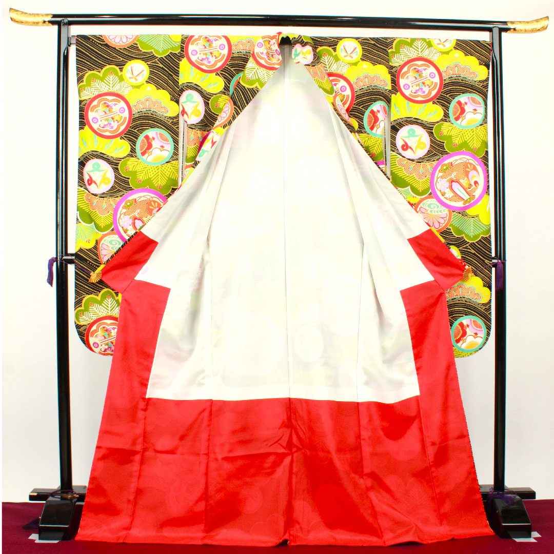 振袖 身丈174.5cm 裄丈69cm 袷 洗える着物 松 打ち出の小槌 ポリ Sランク 黒系 1113001332610