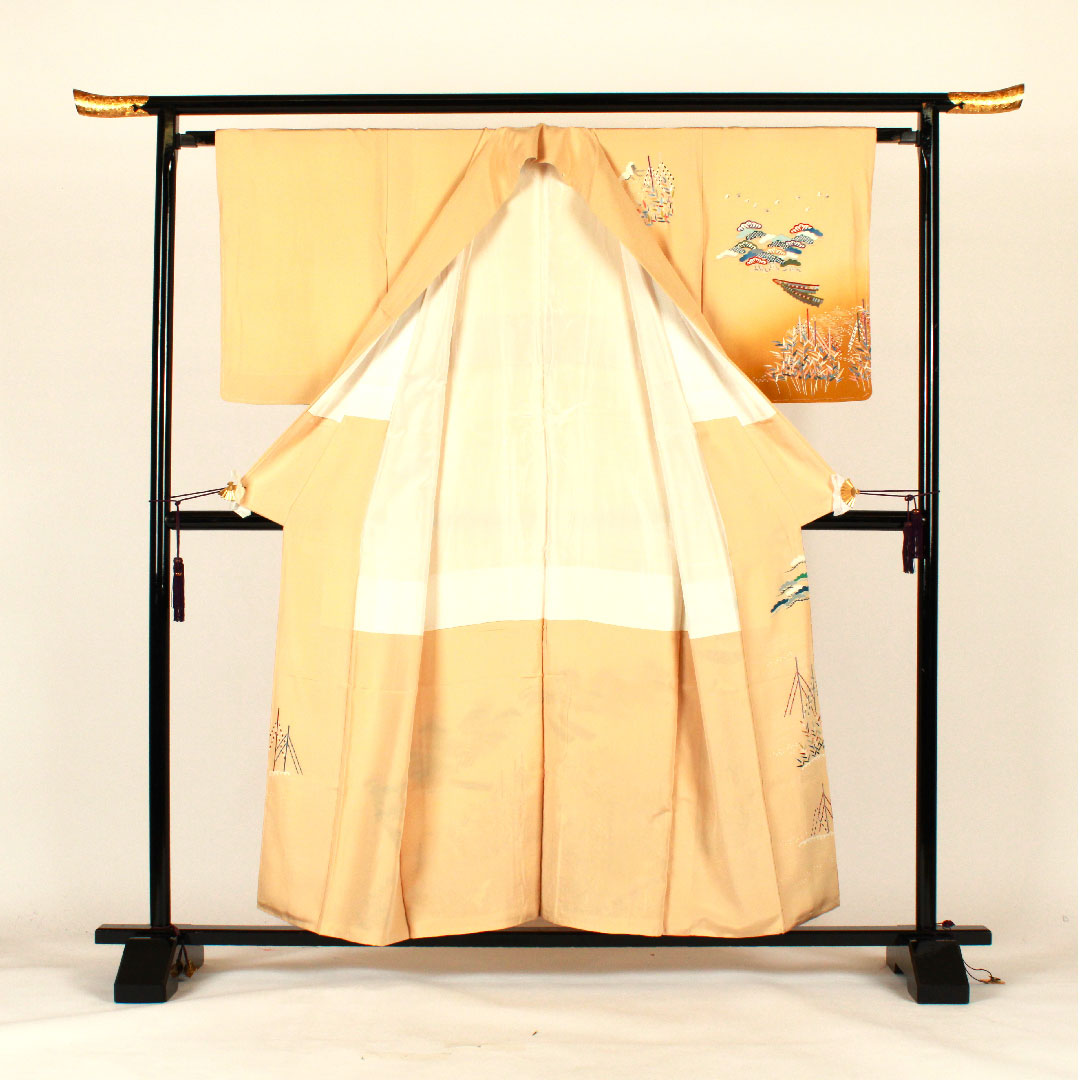 訪問着 袷 身丈156.5cm 裄丈65cm 刺繡 鶴 松 正絹 Sランク クリーム系 1112000932315