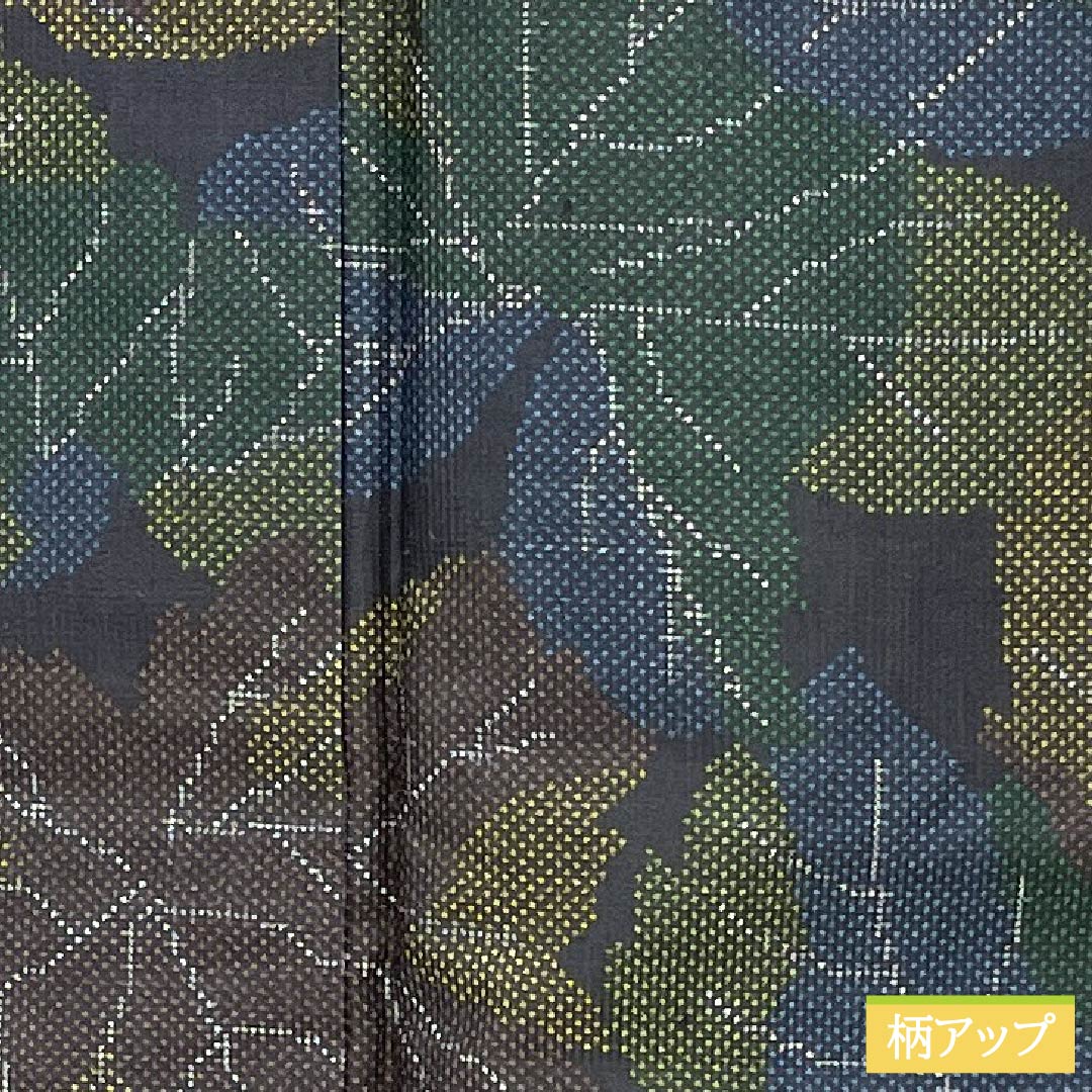 紬 正絹 Aランク 身丈157cm 裄丈60.5cm 檳榔子黒色(びんろうじぐろいろ) 葉 しつけ糸付き 袷 黒系 1116004613310