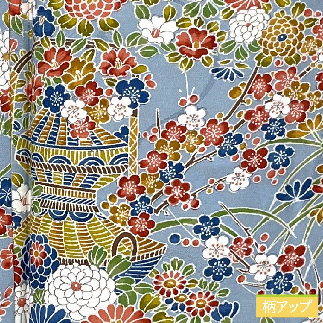 Small pattern, pure silk, length 156.5cm, sleeve length 64cm, lined, Kinuta celadon color, flower basket, rank S, light blue, 1115005792324