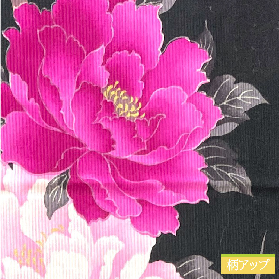 浴衣 木綿 身丈159.5cm 裄丈67cm Sランク 単衣 黒系 牡丹 1118005212310