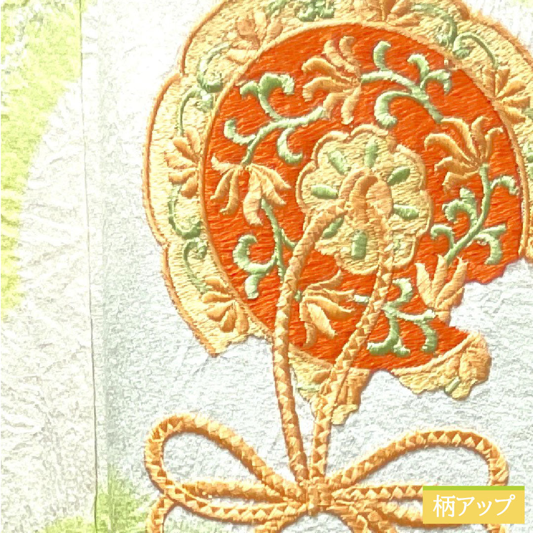 Homongi, pure silk, lined, length 162.5cm, sleeve length 62cm, young bud color, embroidery, tie-dye, hemp leaf, A rank, green, 1112003433419