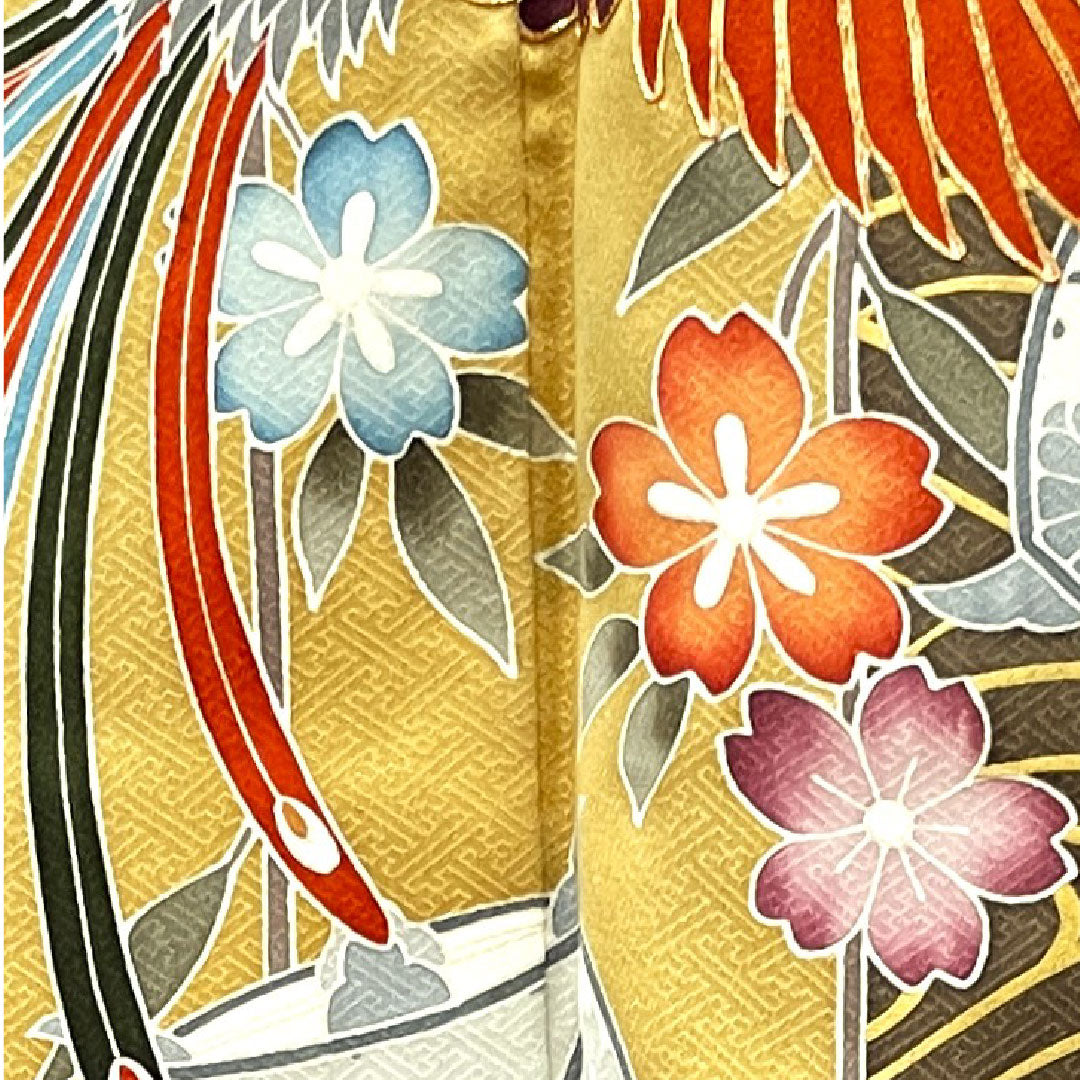 Long-sleeved kimono, length 157.5cm, sleeve length 65cm, lined, dark brown, Kyoto Yuzen, phoenix, thread wrapping, waves, pure silk, A rank, brown, 1113001543314