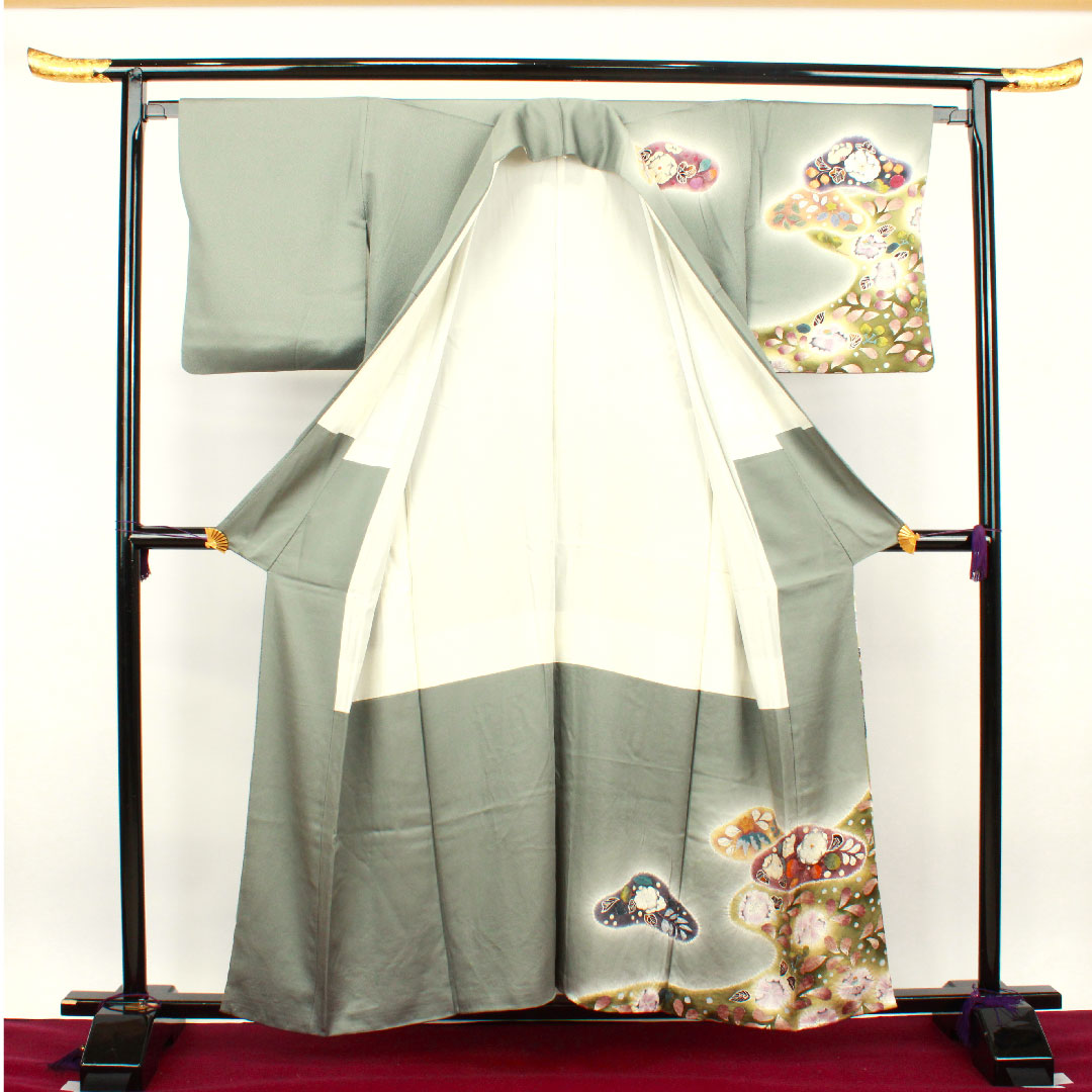 訪問着 袷 身丈159.5cm 裄丈64cm 浅葱鼠色 桐屋翠山工房 辻ヶ花 正絹 Aランク グレー系 1112002113322