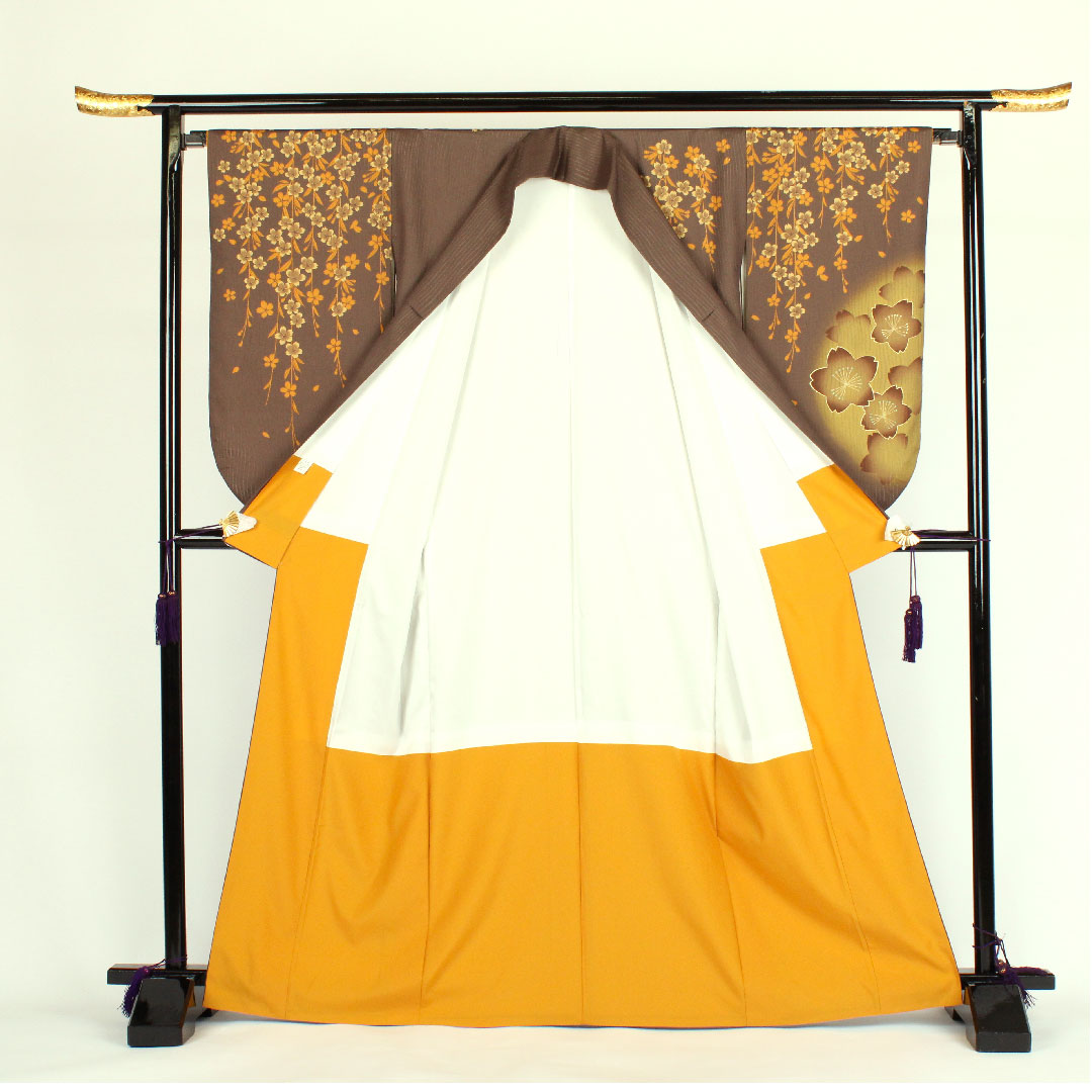 Homongi (formal kimono), polyester, lined, length 167cm, sleeve length 67cm, washable, cherry blossom, A rank, brown, 1112000393514