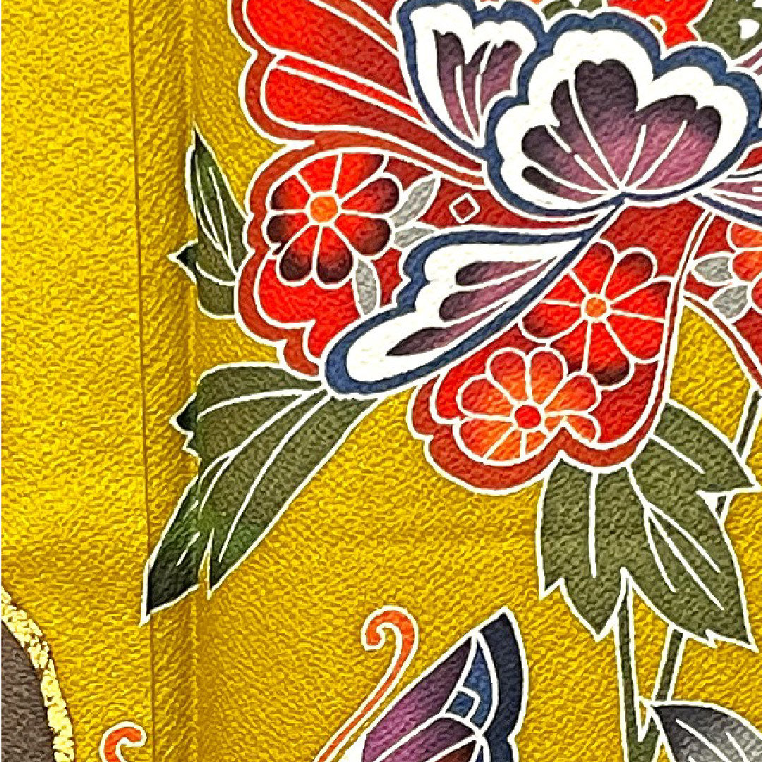 振袖 身丈164cm 裄丈66cm 袷 八丈色 京紅型 蝶 草花模様 正絹 Sランク 黄系 1113001742423