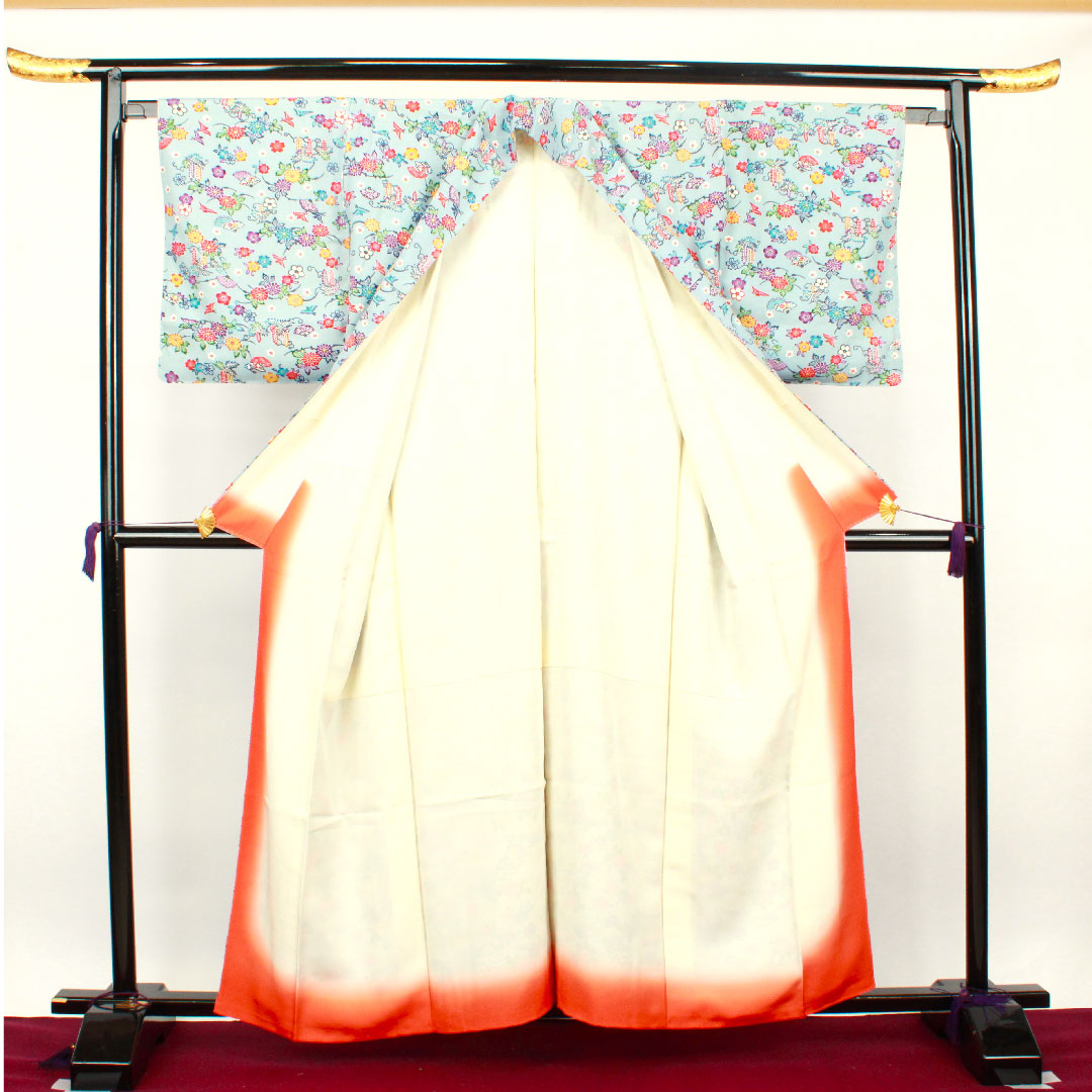 小紋 身丈160cm 裄丈62cm 袷 薄藍色 型染 草花模様 正絹 Sランク 青系 1115002742417