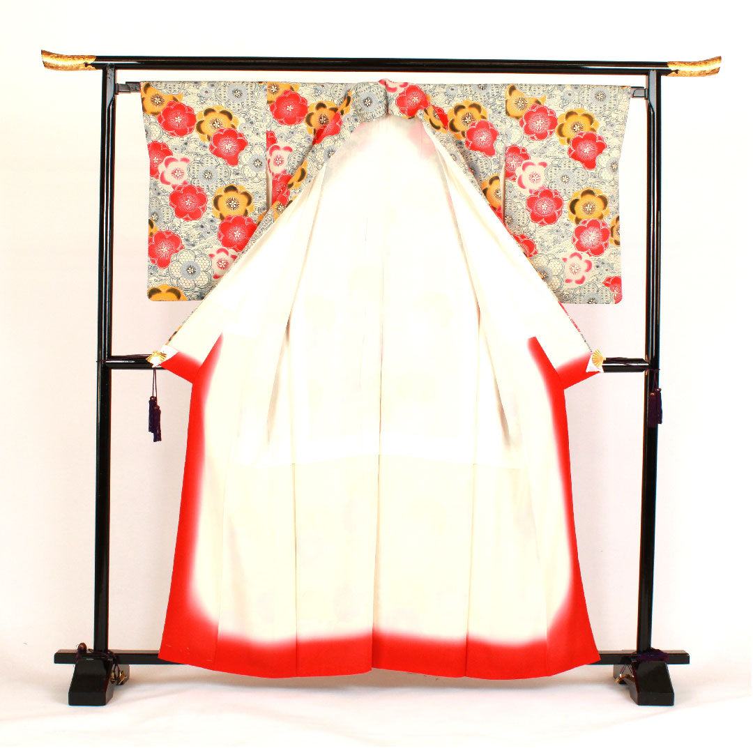 小紋 身丈162cm 裄丈66cm 袷 京紅型 波 梅柄 正絹 Aランク 白系 1115000523411