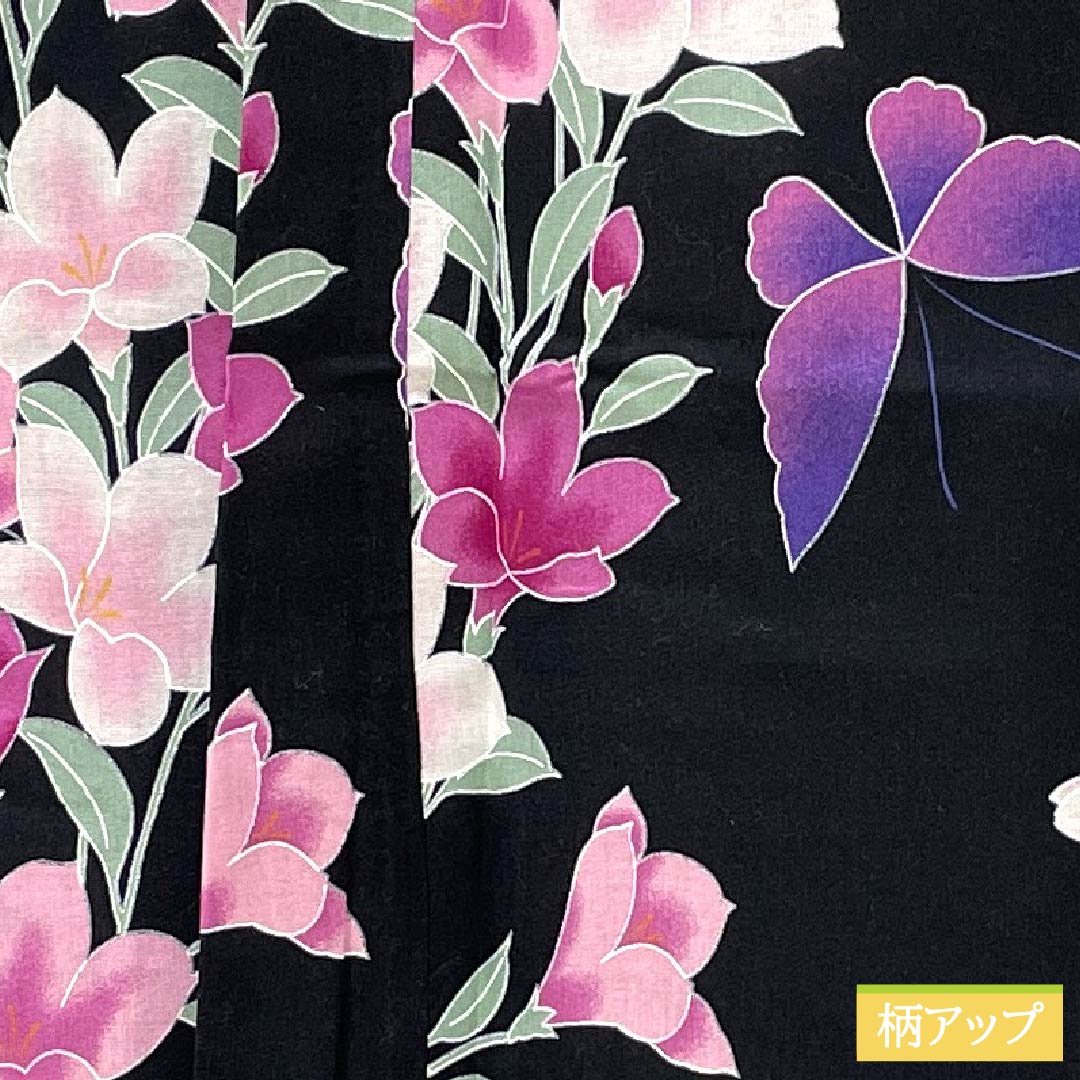 浴衣 木綿 身丈163cm 裄丈64cm Sランク 単衣 黒系 鉄線 蝶 1118006082410