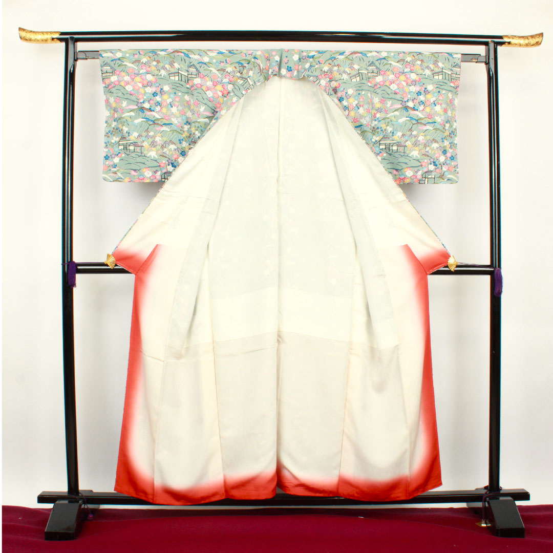 訪問着 袷 身丈155.5cm 裄丈62cm 沈香茶色 型染 茶屋辻 草花模様 正絹 Aランク グレー系 1112001783322