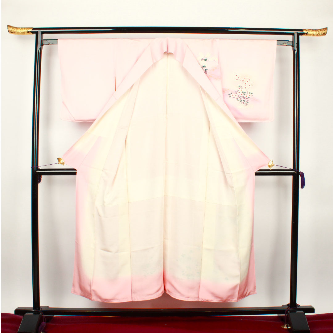 訪問着 袷 身丈150cm 裄丈61cm 練色 京友禅 橘 正絹 Bランク ピンク系 1112001634113