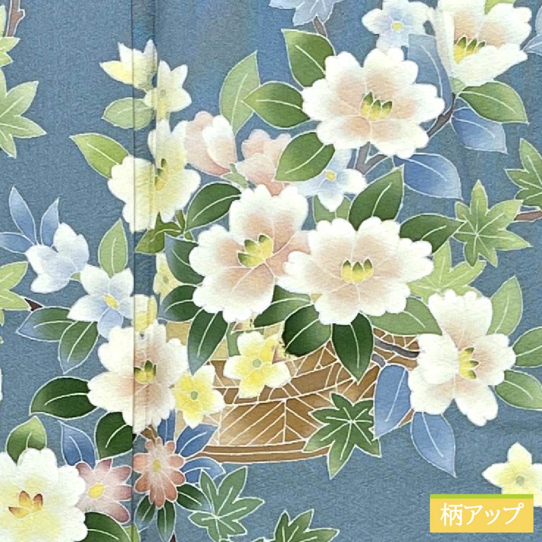 訪問着 正絹 Sランク 袷 身丈155.5cm 裄丈63cm 砧青磁色(きぬたせいじいろ) 加賀友禅 南克治 付下げ 花籠 しつけ糸付き 水色系 1112007312324