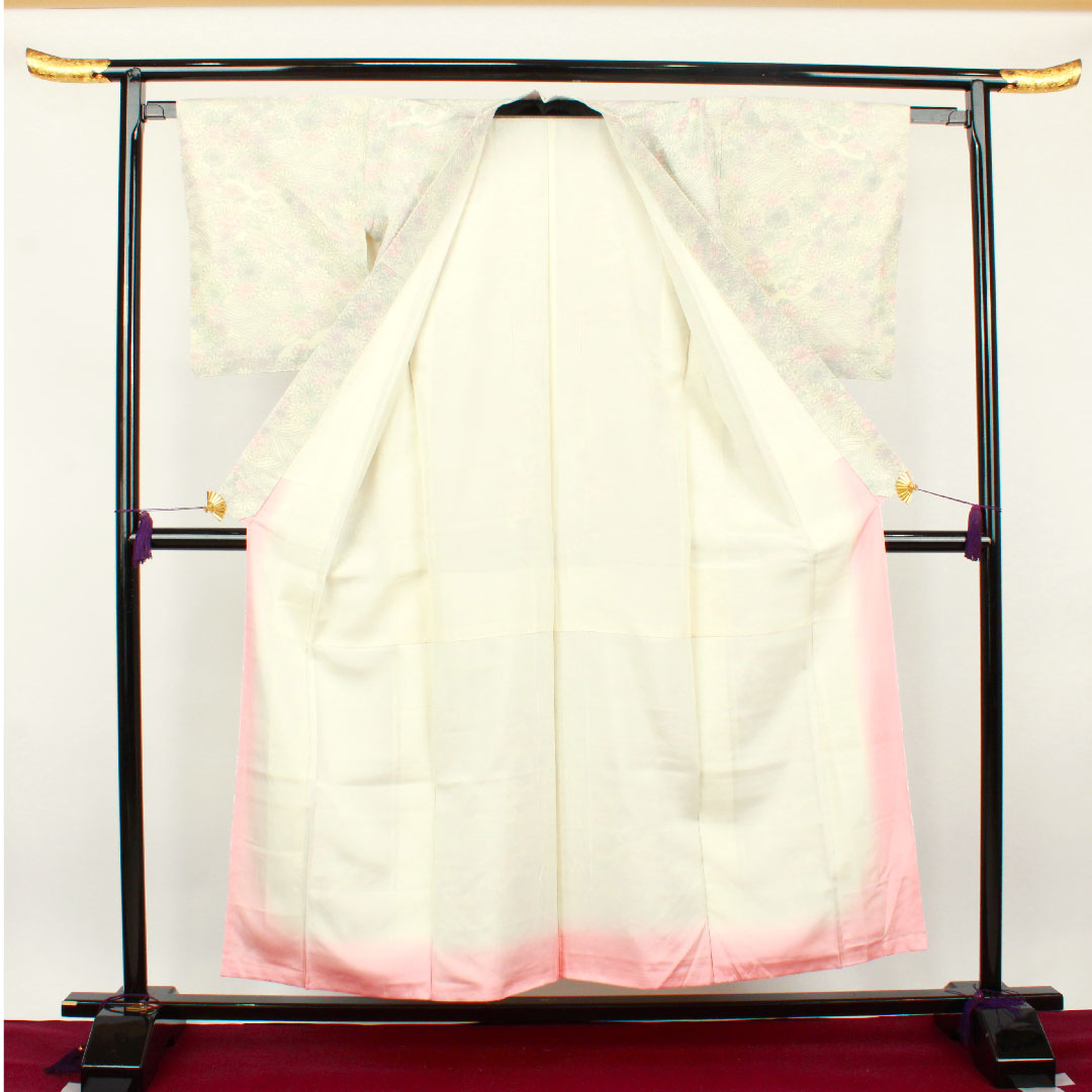 紬 身丈153cm 裄丈62.5cm 草花模様 ポリ Aランク 袷 白系 1116002143211